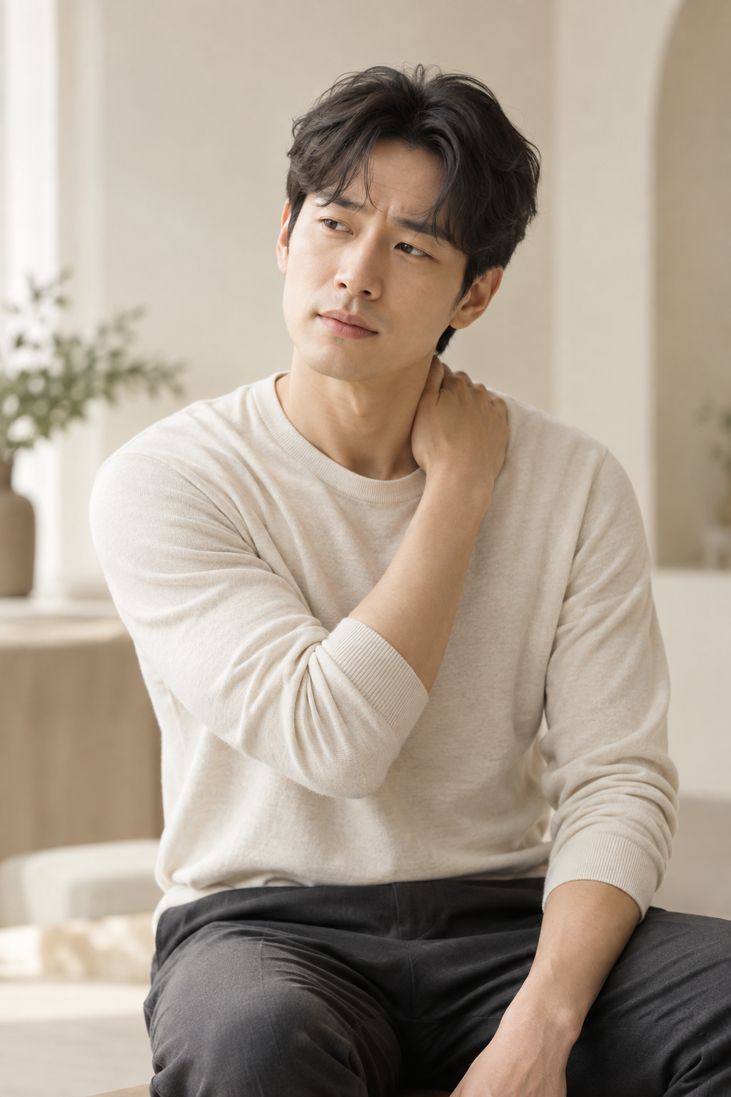 목과 어깨의 불편함을 느끼는 젊은 남성